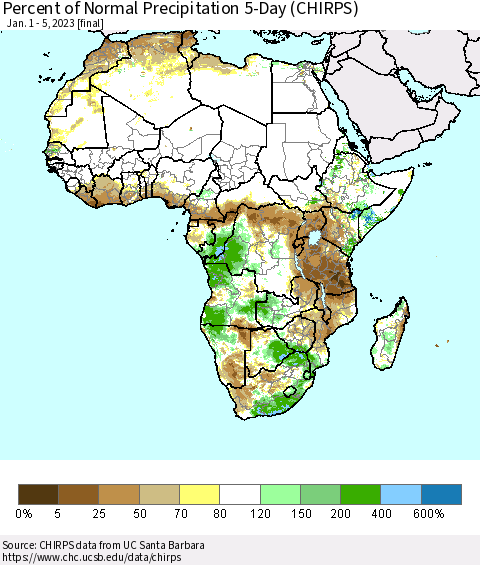 Africa Percent of Normal Precipitation 5-Day (CHIRPS) Thematic Map For 1/1/2023 - 1/5/2023