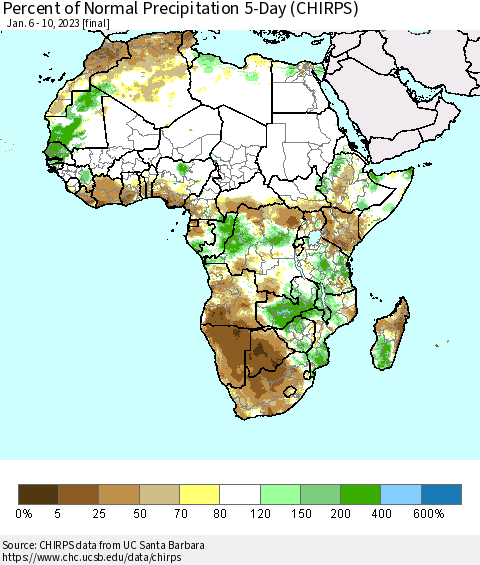 Africa Percent of Normal Precipitation 5-Day (CHIRPS) Thematic Map For 1/6/2023 - 1/10/2023