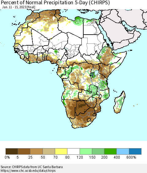 Africa Percent of Normal Precipitation 5-Day (CHIRPS) Thematic Map For 1/11/2023 - 1/15/2023