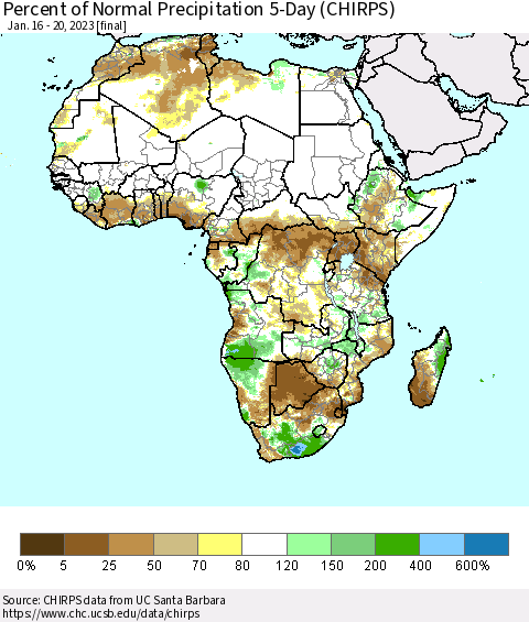 Africa Percent of Normal Precipitation 5-Day (CHIRPS) Thematic Map For 1/16/2023 - 1/20/2023