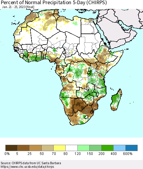 Africa Percent of Normal Precipitation 5-Day (CHIRPS) Thematic Map For 1/21/2023 - 1/25/2023