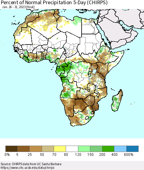 Africa Percent of Normal Precipitation 5-Day (CHIRPS) Thematic Map For 1/26/2023 - 1/31/2023