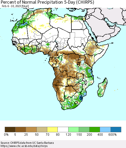 Africa Percent of Normal Precipitation 5-Day (CHIRPS) Thematic Map For 2/6/2023 - 2/10/2023