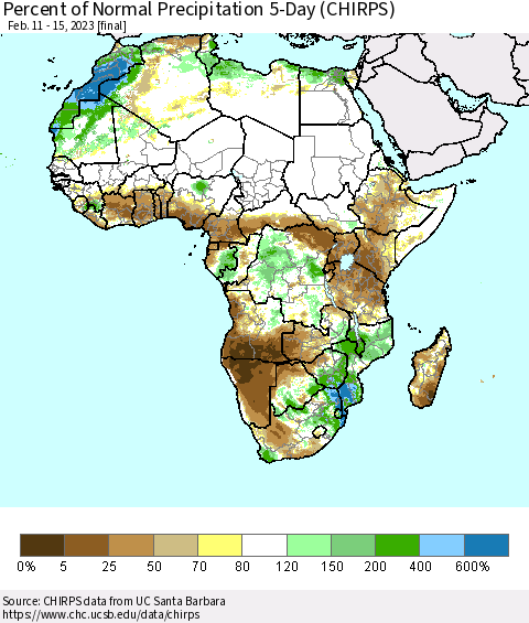 Africa Percent of Normal Precipitation 5-Day (CHIRPS) Thematic Map For 2/11/2023 - 2/15/2023