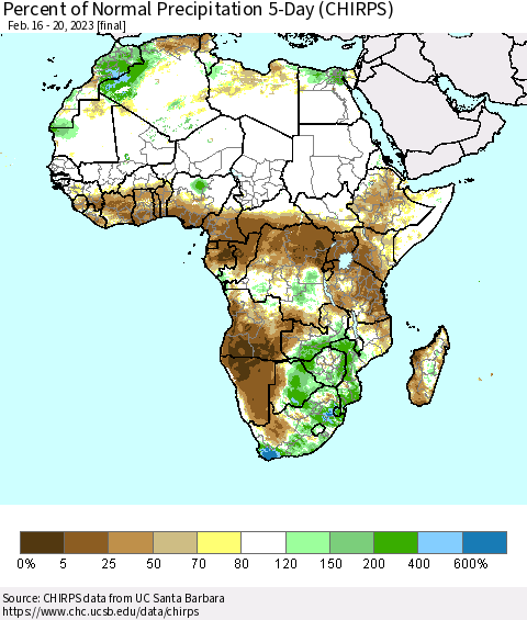Africa Percent of Normal Precipitation 5-Day (CHIRPS) Thematic Map For 2/16/2023 - 2/20/2023