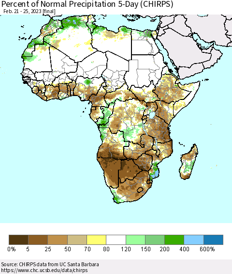 Africa Percent of Normal Precipitation 5-Day (CHIRPS) Thematic Map For 2/21/2023 - 2/25/2023