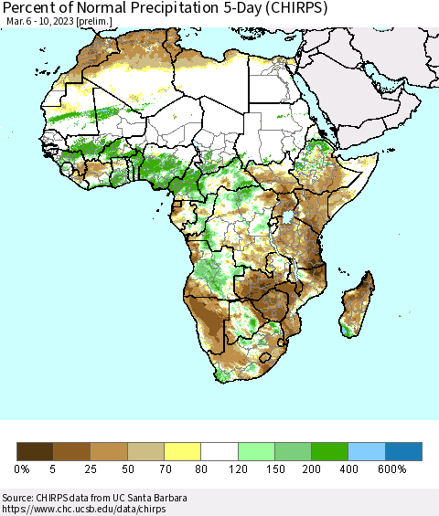 Africa Percent of Normal Precipitation 5-Day (CHIRPS) Thematic Map For 3/6/2023 - 3/10/2023