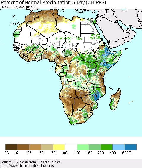 Africa Percent of Normal Precipitation 5-Day (CHIRPS) Thematic Map For 3/11/2023 - 3/15/2023