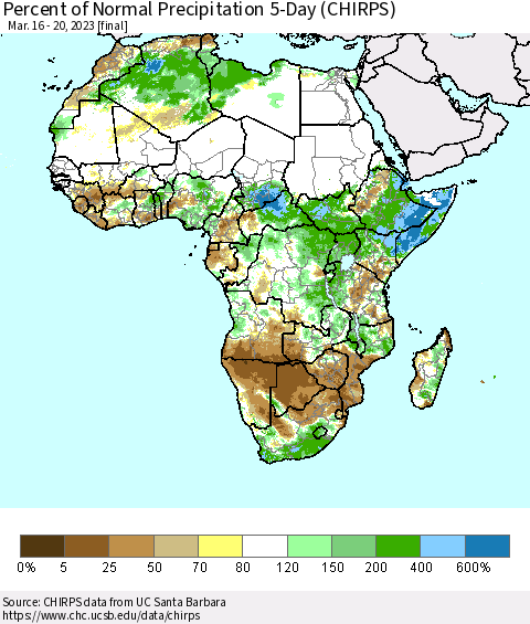 Africa Percent of Normal Precipitation 5-Day (CHIRPS) Thematic Map For 3/16/2023 - 3/20/2023