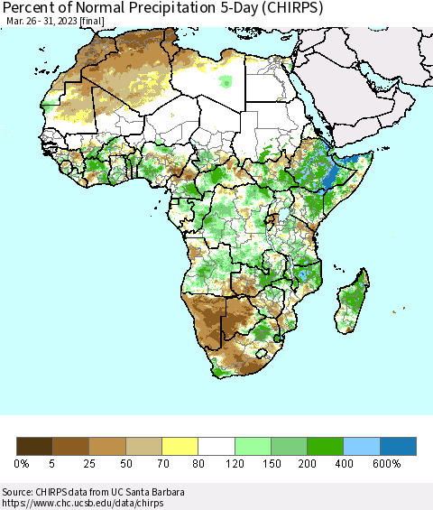 Africa Percent of Normal Precipitation 5-Day (CHIRPS) Thematic Map For 3/26/2023 - 3/31/2023