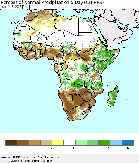 Africa Percent of Normal Precipitation 5-Day (CHIRPS) Thematic Map For 4/1/2023 - 4/5/2023