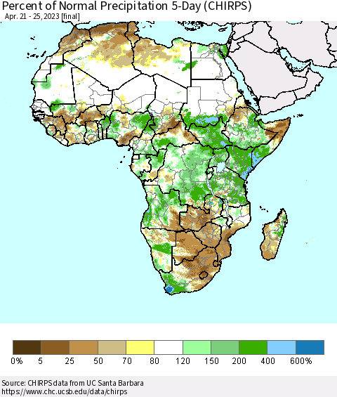 Africa Percent of Normal Precipitation 5-Day (CHIRPS) Thematic Map For 4/21/2023 - 4/25/2023