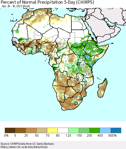Africa Percent of Normal Precipitation 5-Day (CHIRPS) Thematic Map For 4/26/2023 - 4/30/2023