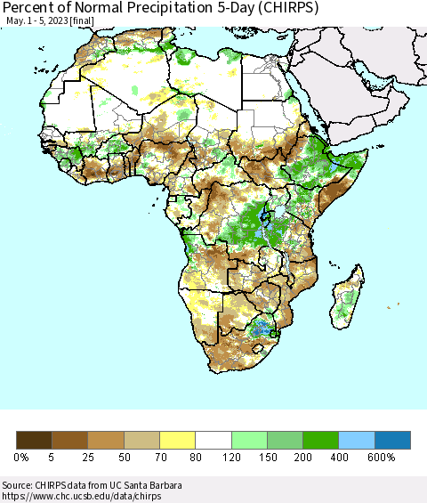 Africa Percent of Normal Precipitation 5-Day (CHIRPS) Thematic Map For 5/1/2023 - 5/5/2023