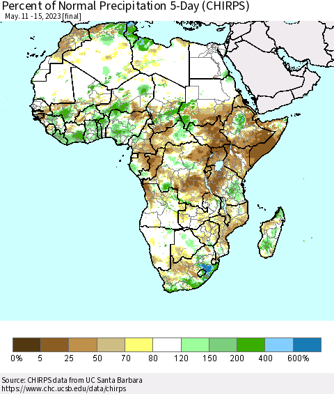 Africa Percent of Normal Precipitation 5-Day (CHIRPS) Thematic Map For 5/11/2023 - 5/15/2023