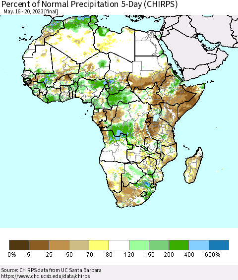 Africa Percent of Normal Precipitation 5-Day (CHIRPS) Thematic Map For 5/16/2023 - 5/20/2023