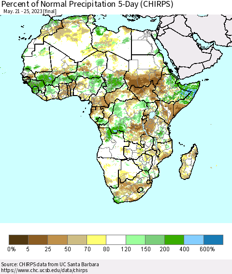 Africa Percent of Normal Precipitation 5-Day (CHIRPS) Thematic Map For 5/21/2023 - 5/25/2023