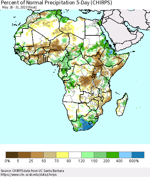 Africa Percent of Normal Precipitation 5-Day (CHIRPS) Thematic Map For 5/26/2023 - 5/31/2023