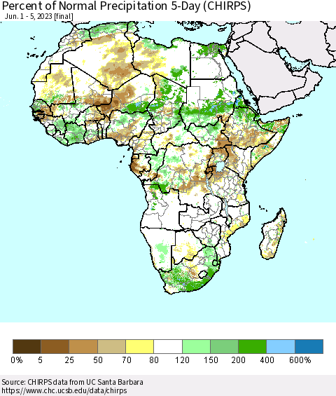Africa Percent of Normal Precipitation 5-Day (CHIRPS) Thematic Map For 6/1/2023 - 6/5/2023