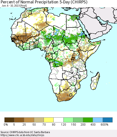 Africa Percent of Normal Precipitation 5-Day (CHIRPS) Thematic Map For 6/6/2023 - 6/10/2023