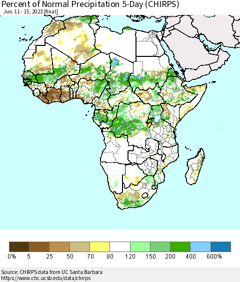 Africa Percent of Normal Precipitation 5-Day (CHIRPS) Thematic Map For 6/11/2023 - 6/15/2023