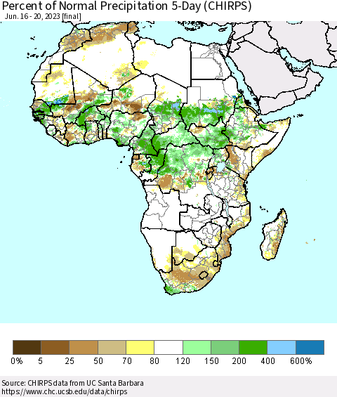 Africa Percent of Normal Precipitation 5-Day (CHIRPS) Thematic Map For 6/16/2023 - 6/20/2023