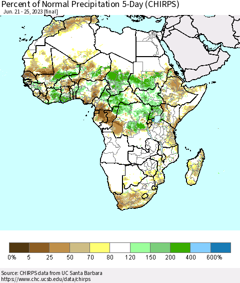 Africa Percent of Normal Precipitation 5-Day (CHIRPS) Thematic Map For 6/21/2023 - 6/25/2023