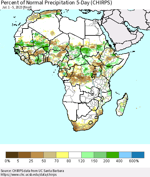 Africa Percent of Normal Precipitation 5-Day (CHIRPS) Thematic Map For 7/1/2023 - 7/5/2023