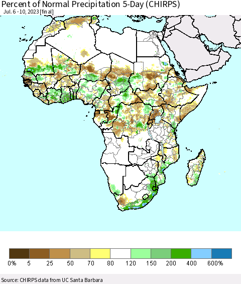 Africa Percent of Normal Precipitation 5-Day (CHIRPS) Thematic Map For 7/6/2023 - 7/10/2023