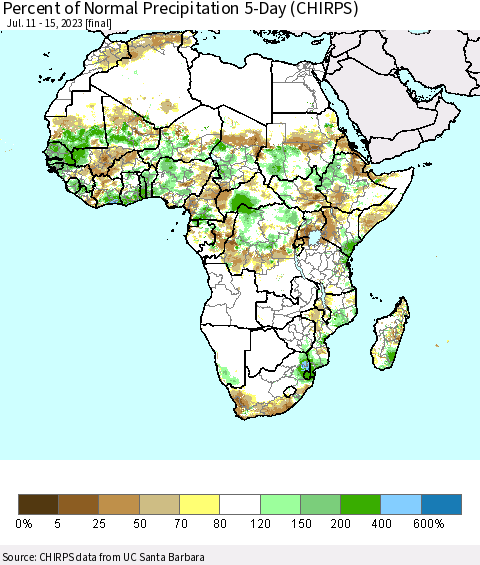 Africa Percent of Normal Precipitation 5-Day (CHIRPS) Thematic Map For 7/11/2023 - 7/15/2023