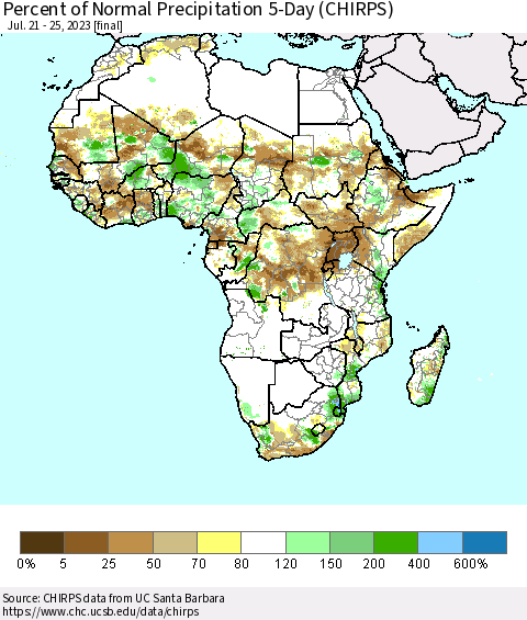 Africa Percent of Normal Precipitation 5-Day (CHIRPS) Thematic Map For 7/21/2023 - 7/25/2023