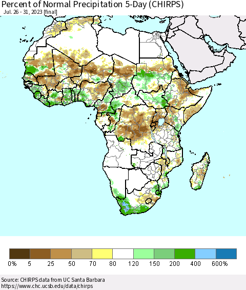 Africa Percent of Normal Precipitation 5-Day (CHIRPS) Thematic Map For 7/26/2023 - 7/31/2023