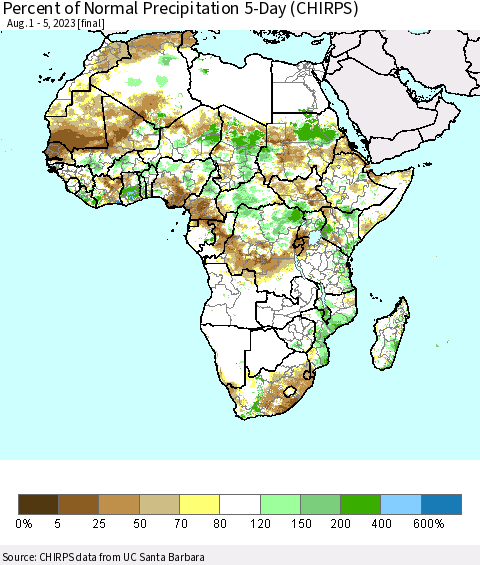 Africa Percent of Normal Precipitation 5-Day (CHIRPS) Thematic Map For 8/1/2023 - 8/5/2023