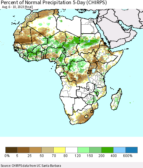 Africa Percent of Normal Precipitation 5-Day (CHIRPS) Thematic Map For 8/6/2023 - 8/10/2023