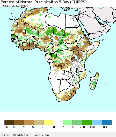 Africa Percent of Normal Precipitation 5-Day (CHIRPS) Thematic Map For 8/11/2023 - 8/15/2023