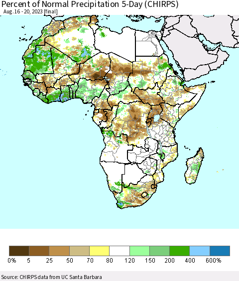 Africa Percent of Normal Precipitation 5-Day (CHIRPS) Thematic Map For 8/16/2023 - 8/20/2023