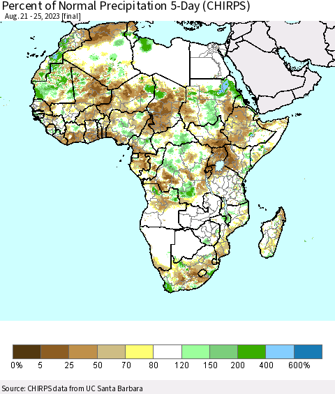 Africa Percent of Normal Precipitation 5-Day (CHIRPS) Thematic Map For 8/21/2023 - 8/25/2023