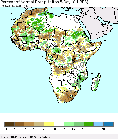 Africa Percent of Normal Precipitation 5-Day (CHIRPS) Thematic Map For 8/26/2023 - 8/31/2023