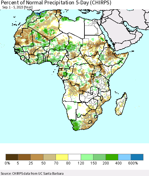 Africa Percent of Normal Precipitation 5-Day (CHIRPS) Thematic Map For 9/1/2023 - 9/5/2023
