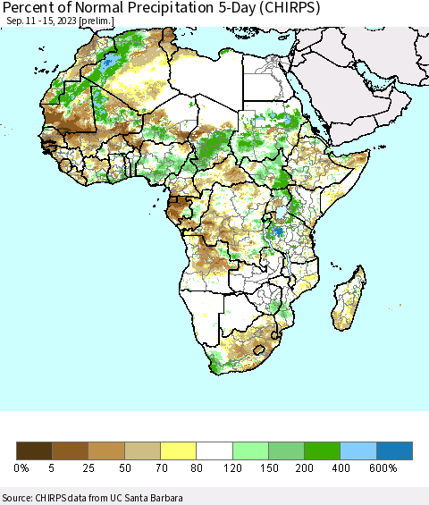 Africa Percent of Normal Precipitation 5-Day (CHIRPS) Thematic Map For 9/11/2023 - 9/15/2023