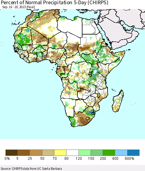 Africa Percent of Normal Precipitation 5-Day (CHIRPS) Thematic Map For 9/16/2023 - 9/20/2023