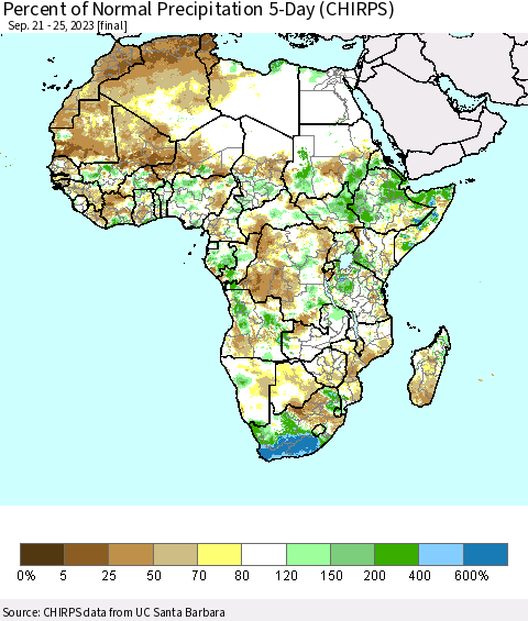 Africa Percent of Normal Precipitation 5-Day (CHIRPS) Thematic Map For 9/21/2023 - 9/25/2023