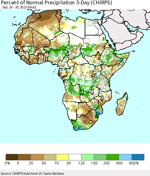 Africa Percent of Normal Precipitation 5-Day (CHIRPS) Thematic Map For 9/26/2023 - 9/30/2023