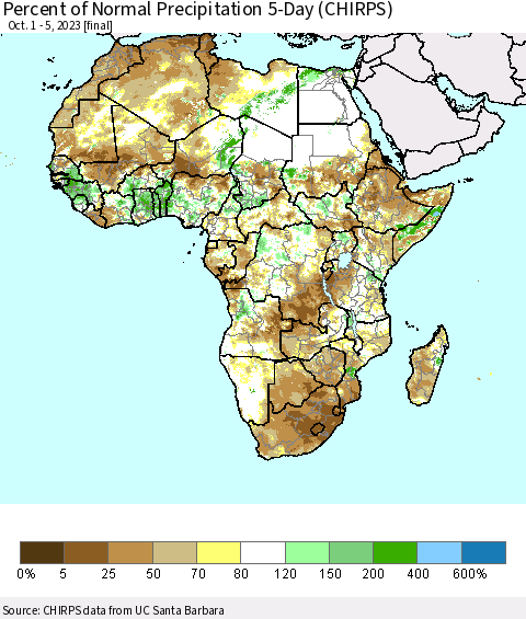 Africa Percent of Normal Precipitation 5-Day (CHIRPS) Thematic Map For 10/1/2023 - 10/5/2023