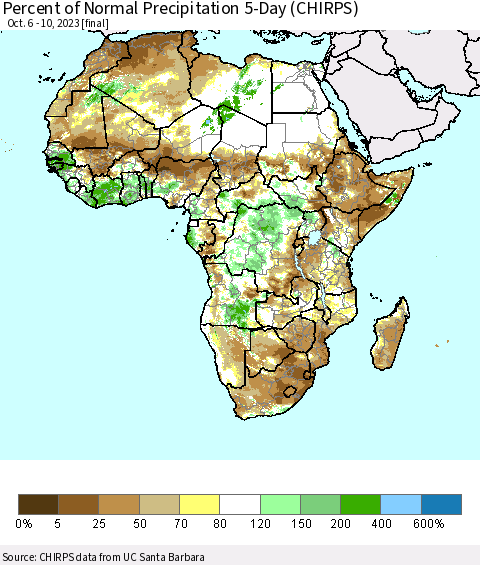 Africa Percent of Normal Precipitation 5-Day (CHIRPS) Thematic Map For 10/6/2023 - 10/10/2023