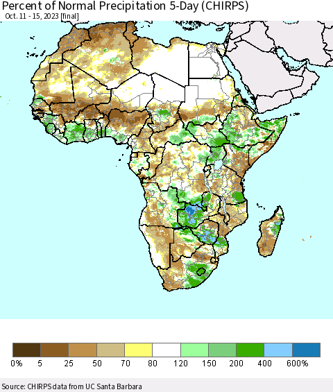Africa Percent of Normal Precipitation 5-Day (CHIRPS) Thematic Map For 10/11/2023 - 10/15/2023