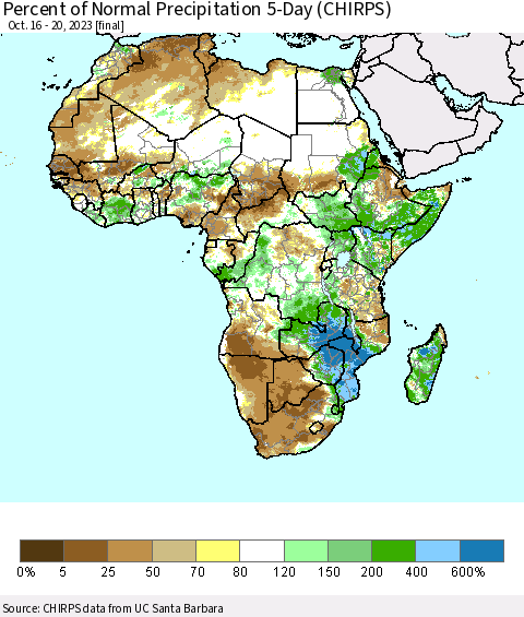 Africa Percent of Normal Precipitation 5-Day (CHIRPS) Thematic Map For 10/16/2023 - 10/20/2023