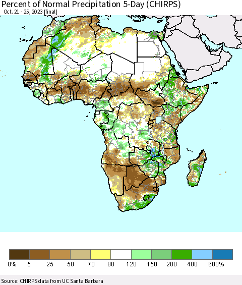 Africa Percent of Normal Precipitation 5-Day (CHIRPS) Thematic Map For 10/21/2023 - 10/25/2023