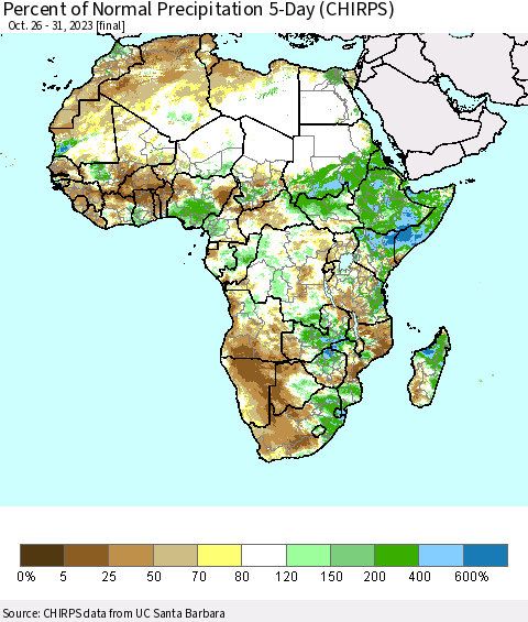 Africa Percent of Normal Precipitation 5-Day (CHIRPS) Thematic Map For 10/26/2023 - 10/31/2023