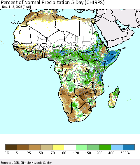 Africa Percent of Normal Precipitation 5-Day (CHIRPS) Thematic Map For 11/1/2023 - 11/5/2023